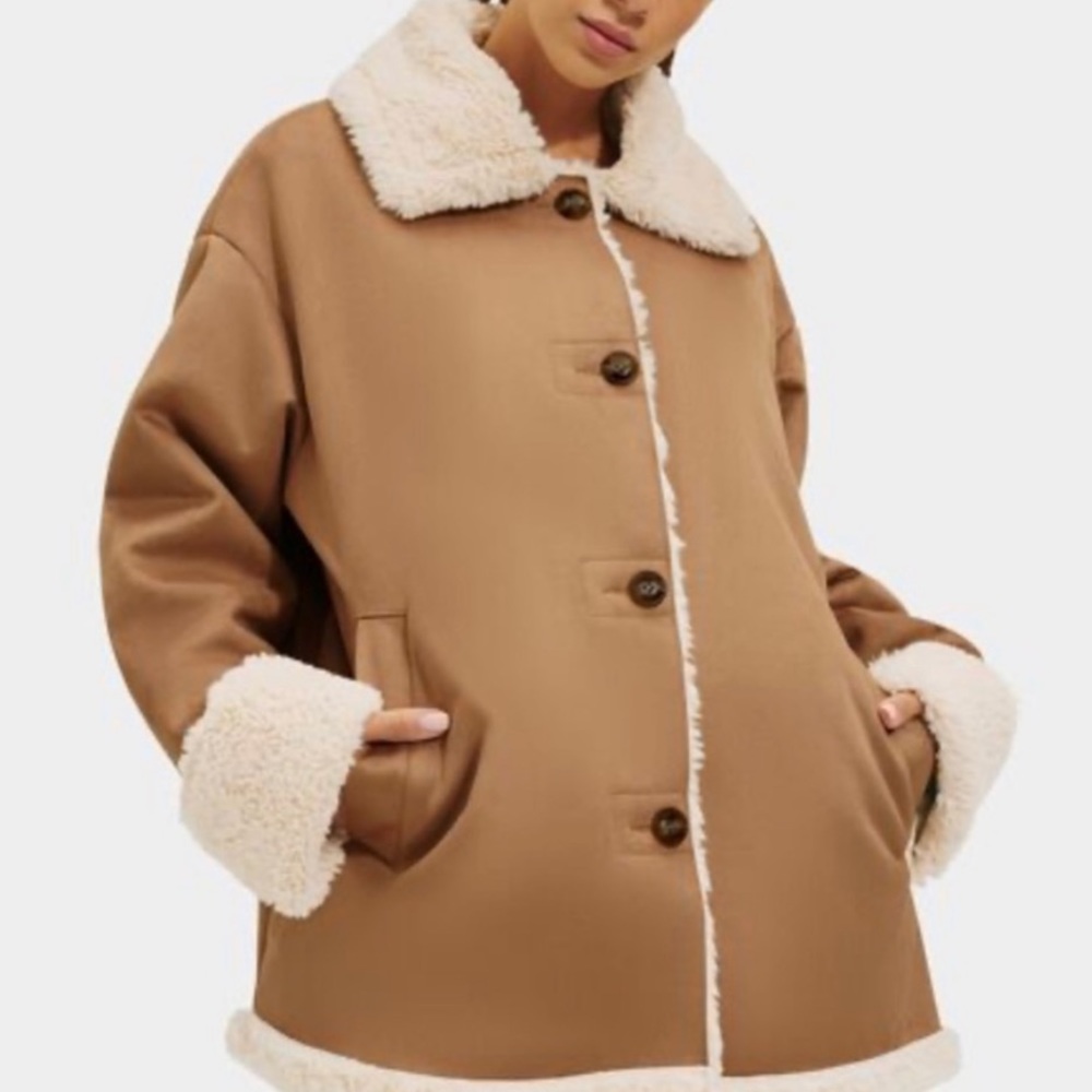 SOLD NWT UGG Dez Bonded Oversized Winter Brown Faux Fur Buttoned Coat - Picture 1 of 10